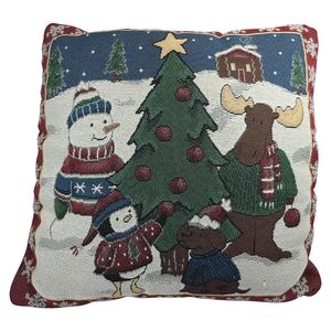 Festive Holiday Pillow with Snowman and Moose Design
